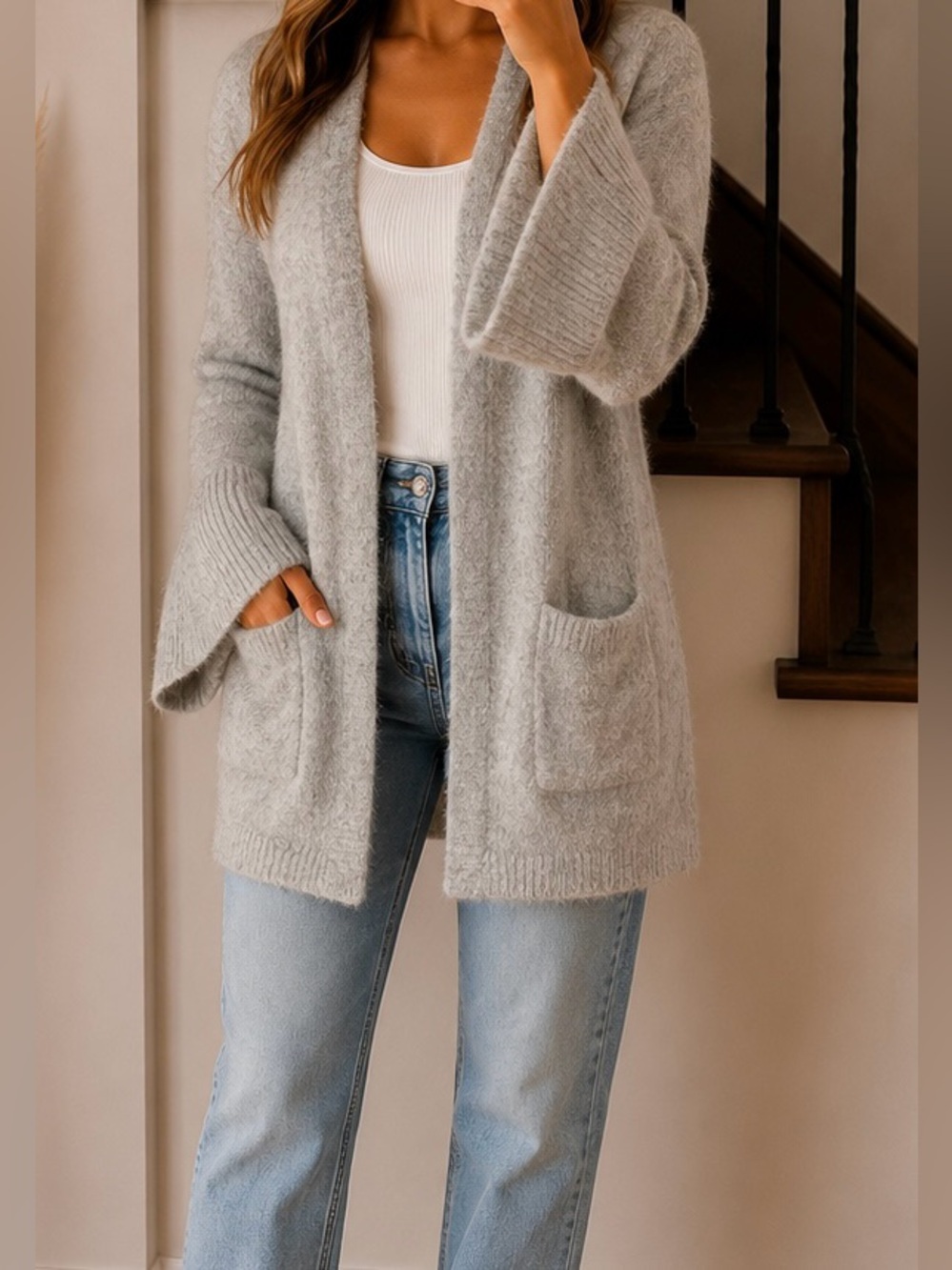 Cozy Open-Front Gray Women's Cardigan Sweater